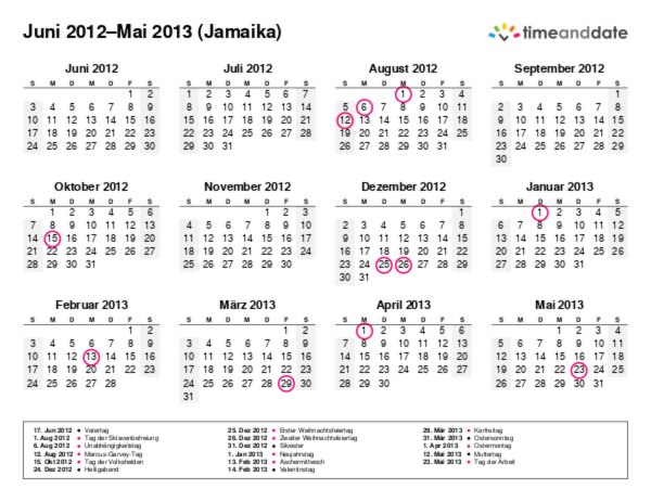 Kalender für 2012 in Jamaika