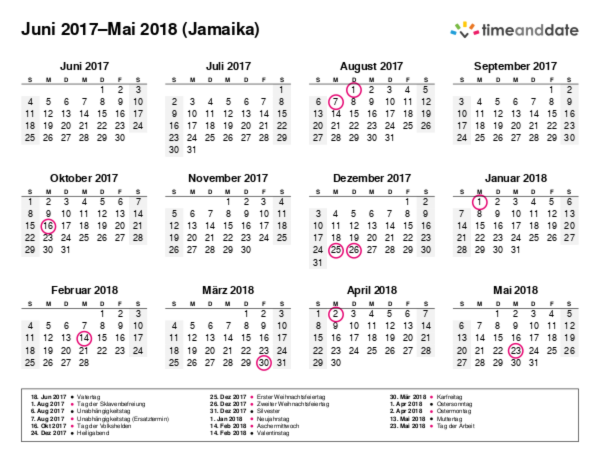 Kalender für 2017 in Jamaika