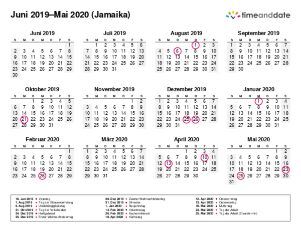 Kalender für 2019 in Jamaika