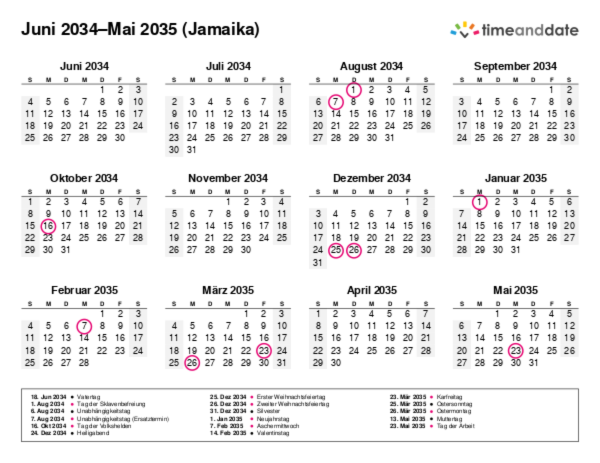 Kalender für 2034 in Jamaika