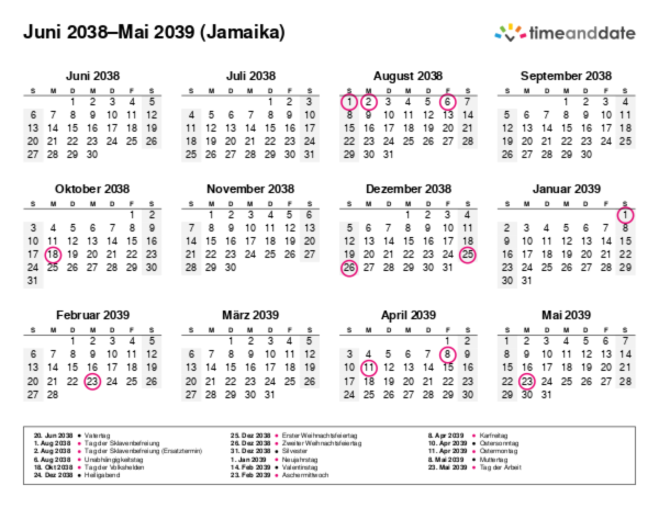 Kalender für 2038 in Jamaika