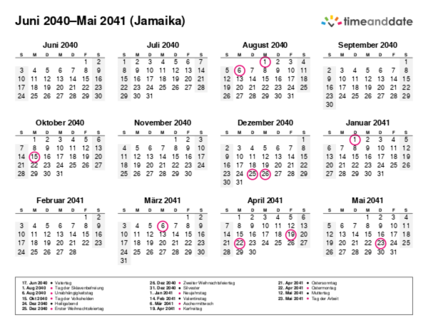 Kalender für 2040 in Jamaika