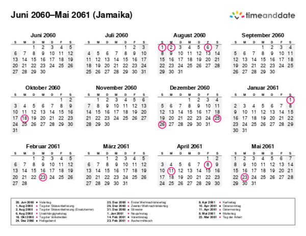 Kalender für 2060 in Jamaika