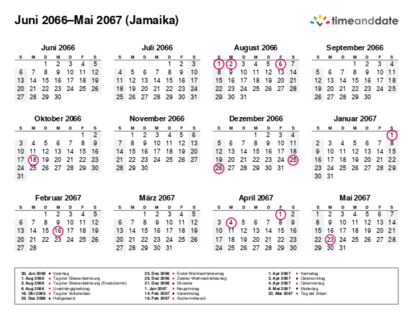 Kalender für 2066 in Jamaika