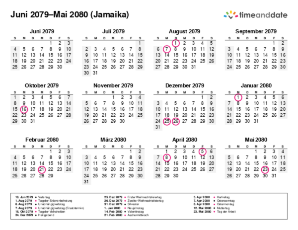 Kalender für 2079 in Jamaika