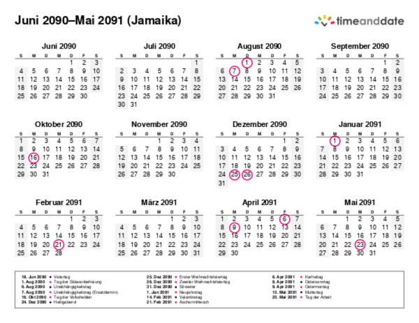 Kalender für 2090 in Jamaika