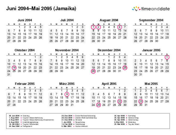 Kalender für 2094 in Jamaika
