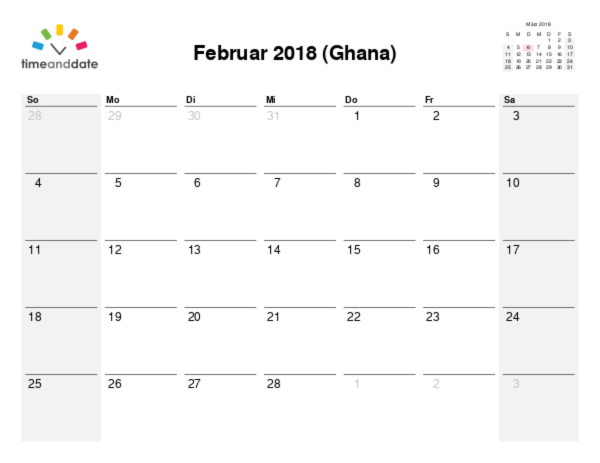 Kalender für 2018 in Ghana