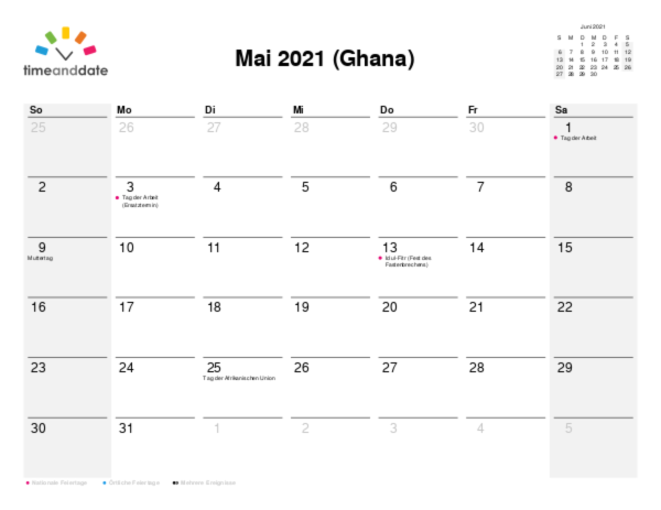 Kalender für 2021 in Ghana