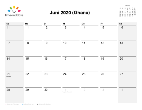 Kalender für 2020 in Ghana