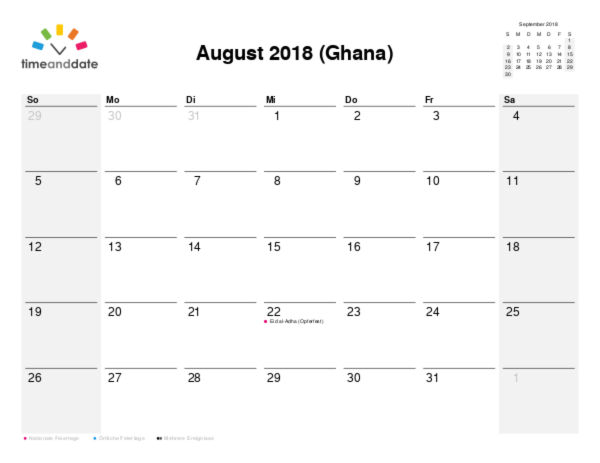 Kalender für 2018 in Ghana