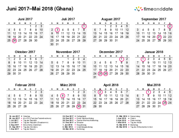 Kalender für 2017 in Ghana