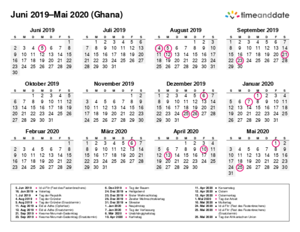 Kalender für 2019 in Ghana