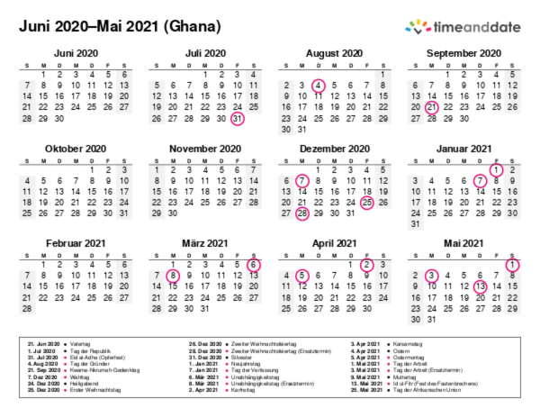 Kalender für 2020 in Ghana