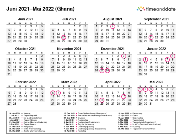 Kalender für 2021 in Ghana