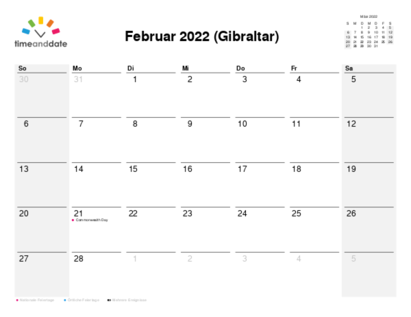Kalender für 2022 in Gibraltar