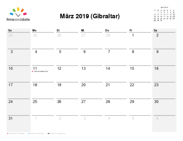 Kalender für 2019 in Gibraltar