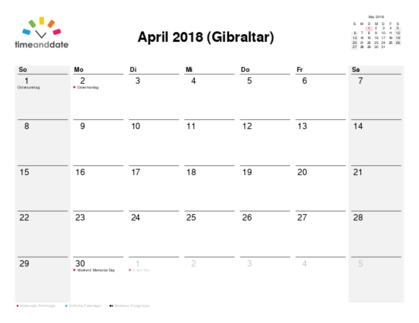 Kalender für 2018 in Gibraltar