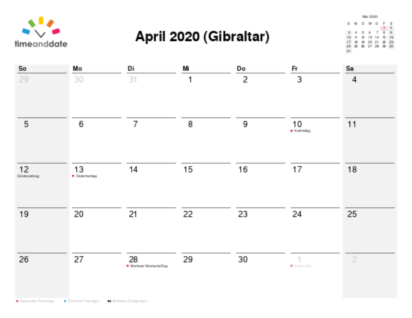 Kalender für 2020 in Gibraltar