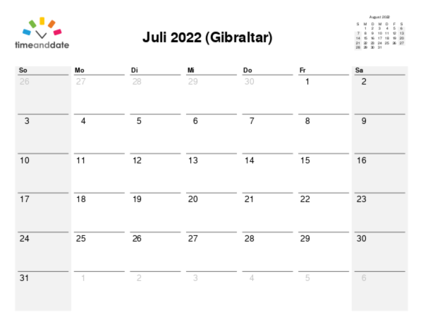 Kalender für 2022 in Gibraltar