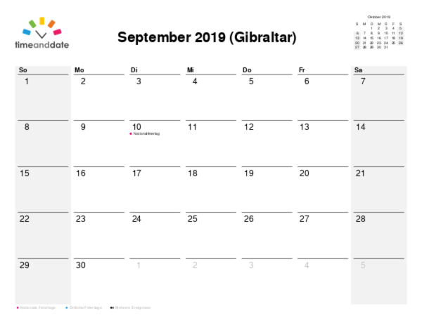 Kalender für 2019 in Gibraltar