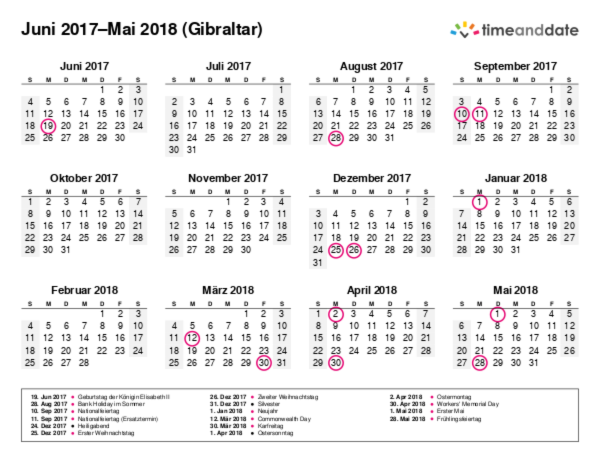 Kalender für 2017 in Gibraltar