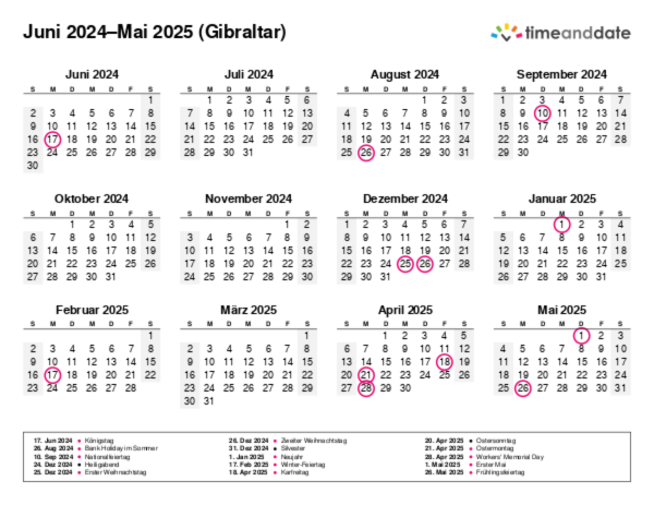 Kalender für 2024 in Gibraltar