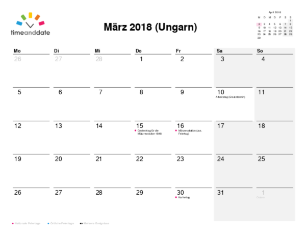 Kalender für 2018 in Ungarn
