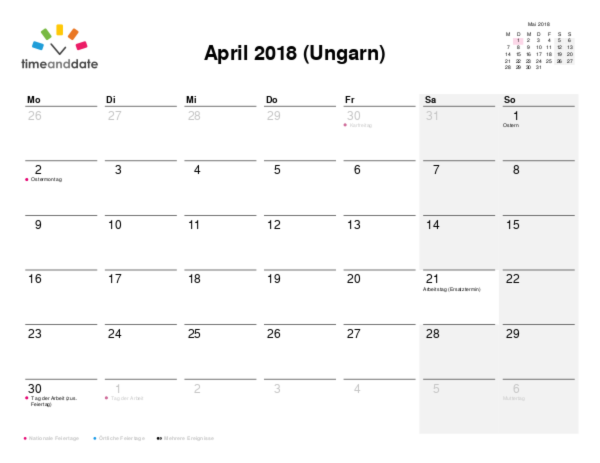 Kalender für 2018 in Ungarn