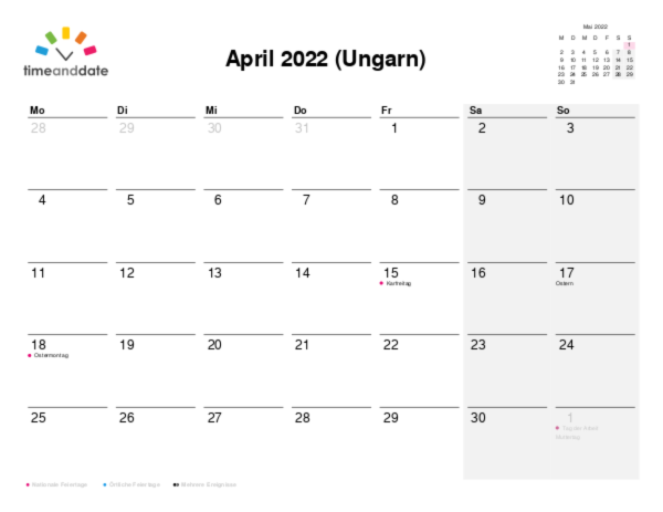 Kalender für 2022 in Ungarn