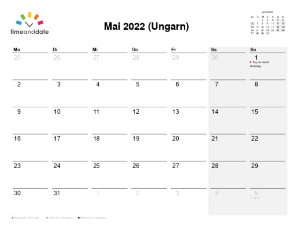 Kalender für 2022 in Ungarn