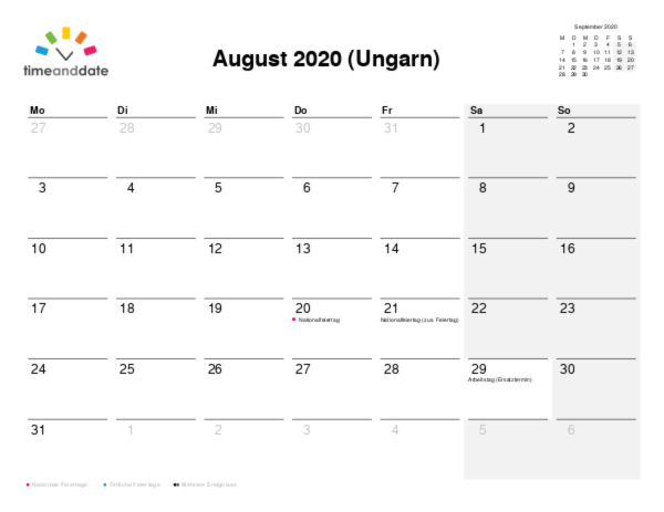 Kalender für 2020 in Ungarn