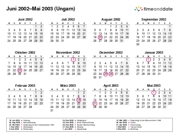 Kalender für 2002 in Ungarn