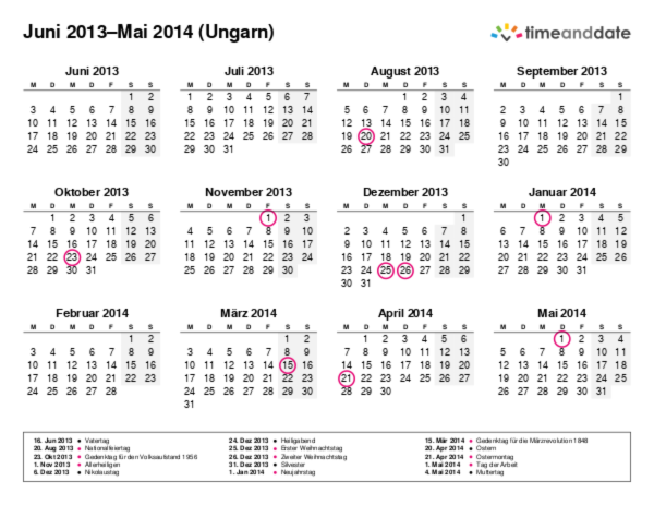 Kalender für 2013 in Ungarn