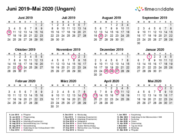 Kalender für 2019 in Ungarn