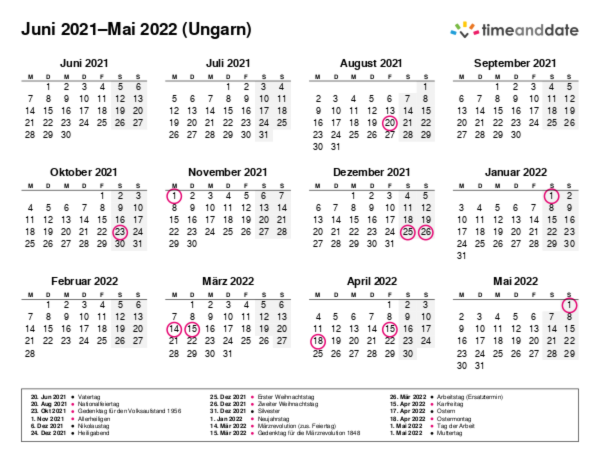 Kalender für 2021 in Ungarn