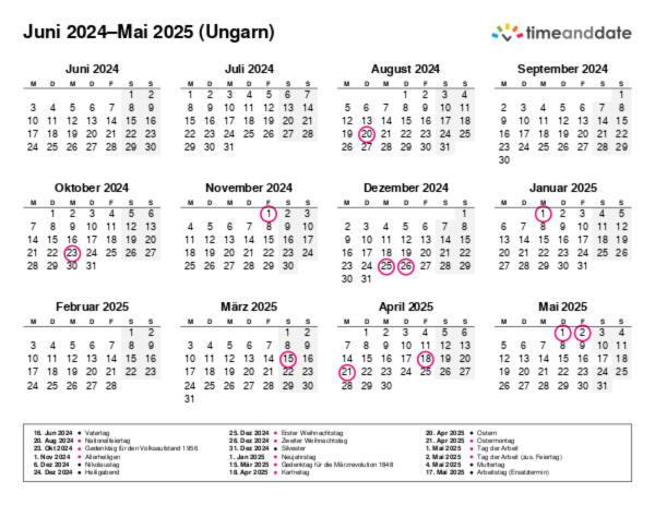 Kalender für 2024 in Ungarn
