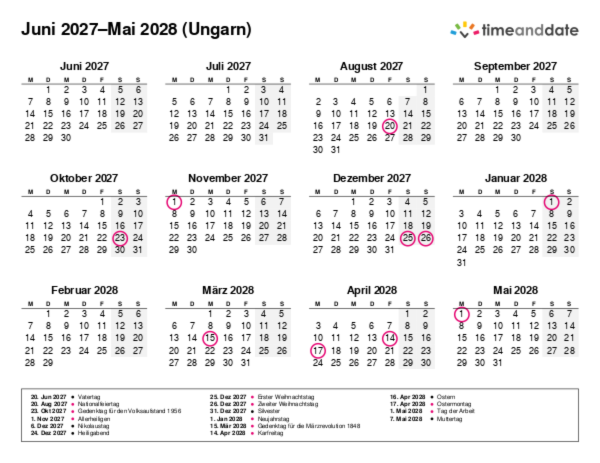 Kalender für 2027 in Ungarn