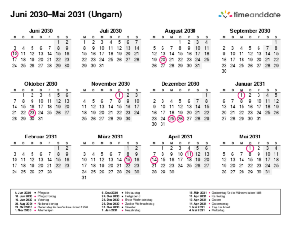 Kalender für 2030 in Ungarn
