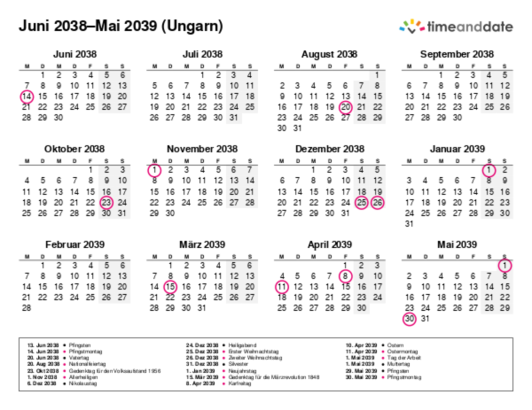 Kalender für 2038 in Ungarn