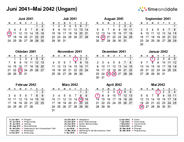 Kalender für 2041 in Ungarn
