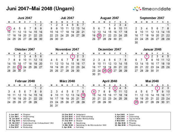 Kalender für 2047 in Ungarn