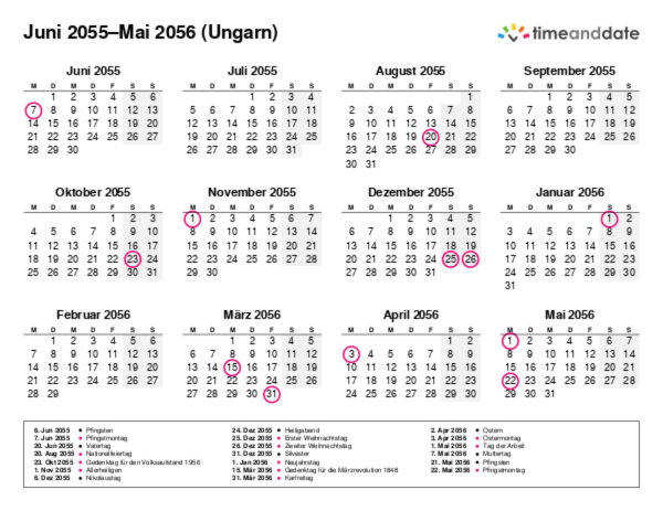 Kalender für 2055 in Ungarn