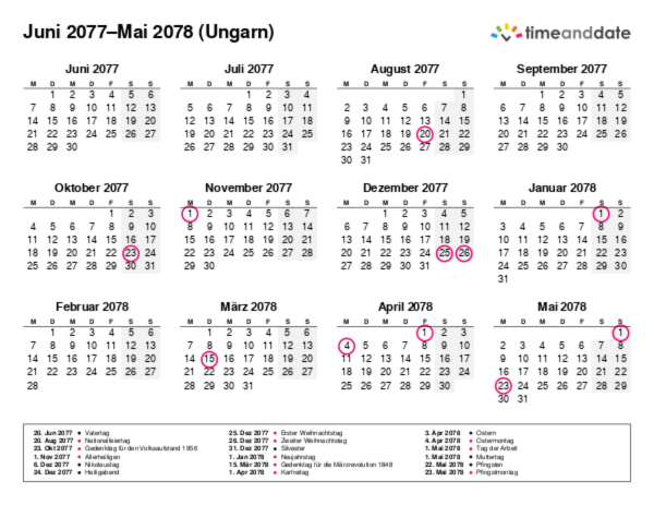 Kalender für 2077 in Ungarn