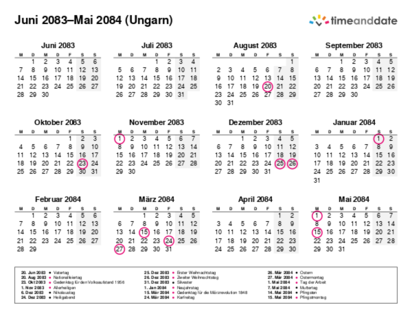 Kalender für 2083 in Ungarn