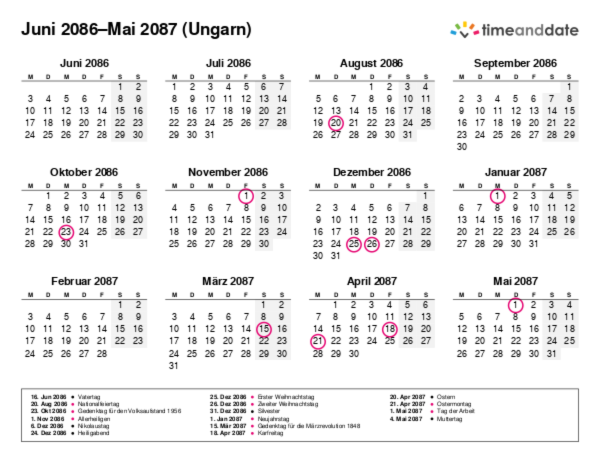 Kalender für 2086 in Ungarn