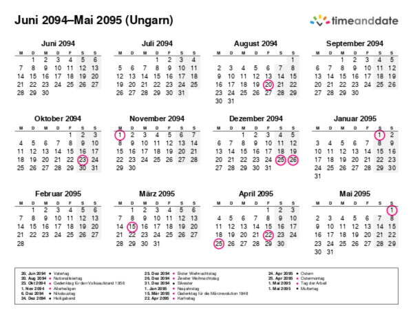 Kalender für 2094 in Ungarn
