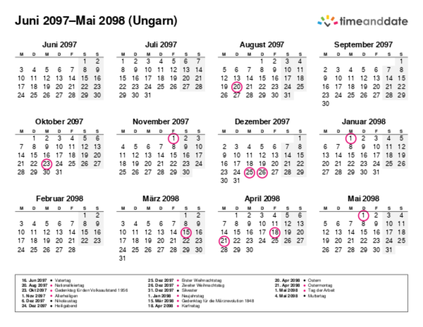 Kalender für 2097 in Ungarn
