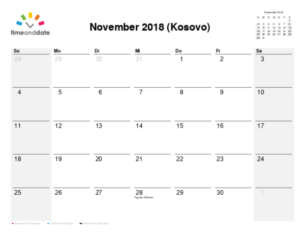 Kalender für 2018 in Kosovo