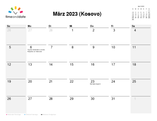 Kalender für 2023 in Kosovo